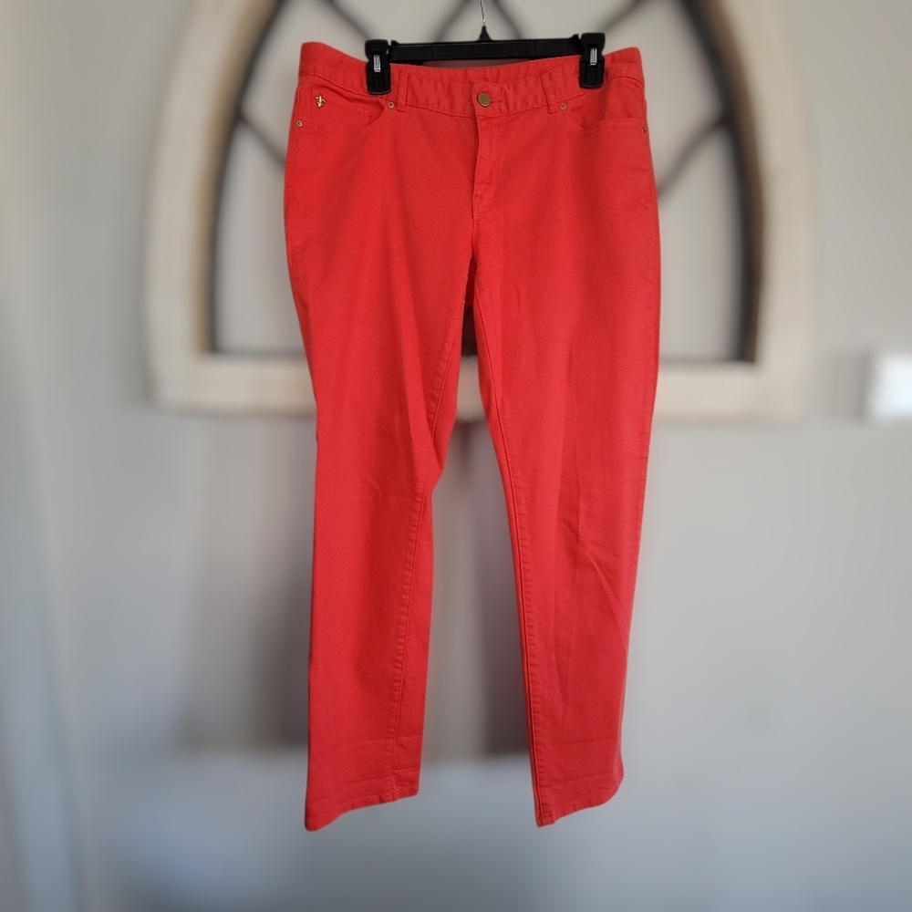 Cachè Coral Red Straight Leg Denim Jeans, Sz 12